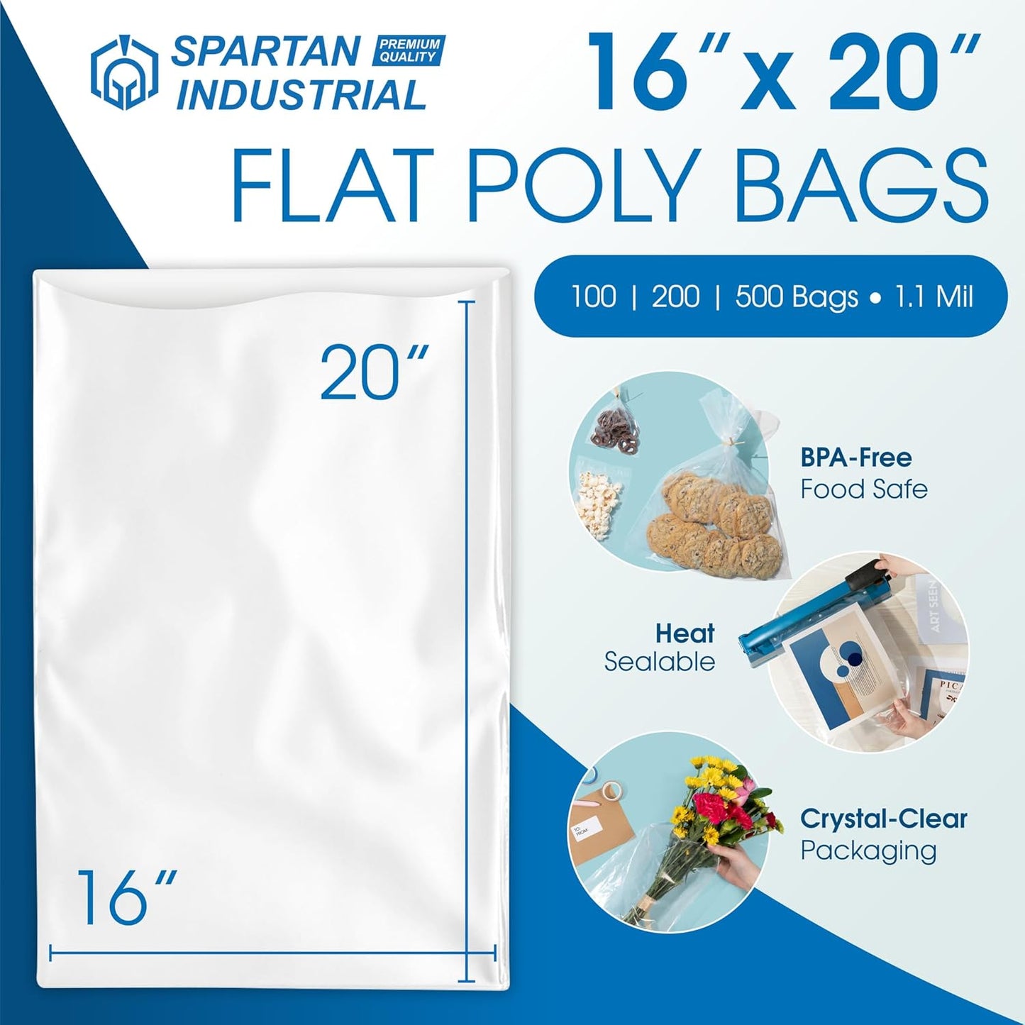 Spartan Industrial 16" X 20" Open-End Flat Poly Bags | 100 Count - 1.1 Mil Clear Plastic for Packaging & Shipping