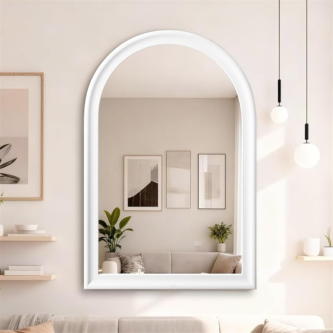 Arched Bathroom Mirror 24x 36 Inch, White Framed Decorative Wall Mount Mirror with Tempered Glass for Entryway, Living Room, Bedroom, Hallway Fireplace Mantel Decor