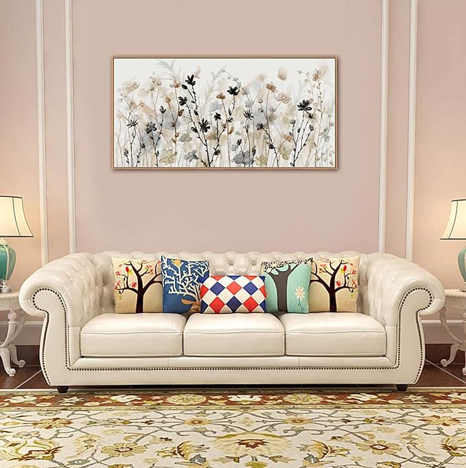 Framed Floral Wall Art Abstract Grey Cream White Grass Flowers Canvas Pictures Modern Landscape Painting Botanical Artwork for Living Room Bedroom Kitchen Office Wall Decor Ready to Hang 20" x 40"