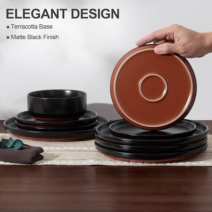 E-far 12-Piece Stoneware Plates and Bowls Sets, Dinnerware Sets for 4, Ceramic Dishware Dishes Set with Terracotta Base, Chip & Scratch Resistant, Microwave & Dishwasher Safe, Matte Black