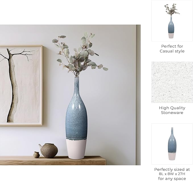 Tall Ceramic Vase for Home Decor – Decorative Accent for Living Room, Office, and Room Decor – Two Tone Bottle Shape Flower Vase for Bedroom, House, or Table Display – 27" Blue & White