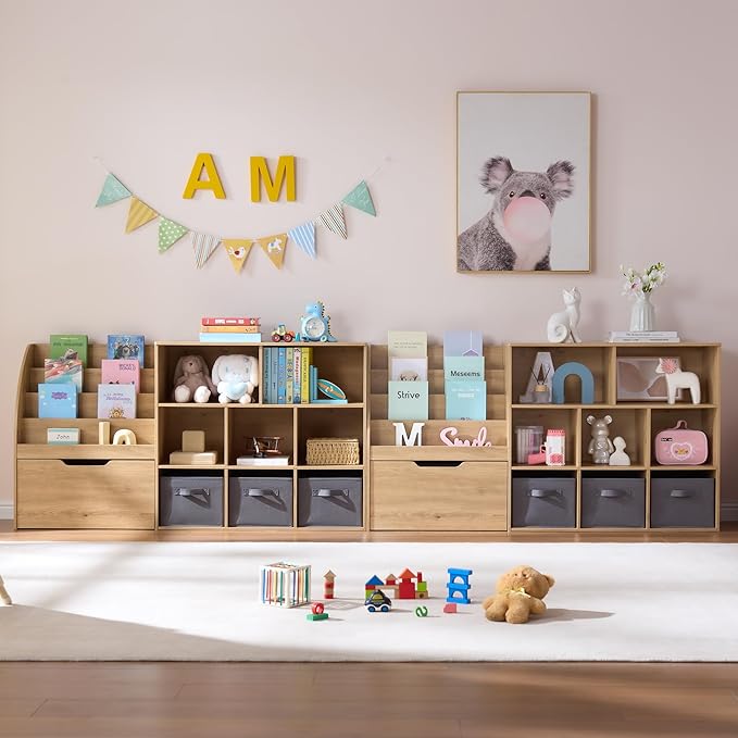 Kids Bookshelf and Toy Storage, Toy Storage Organizers with Movable Drawers & 3 Storage Bins, Kids Reading Nook Toy Organizers Shelf with 5 Cubbies, Natral Wood