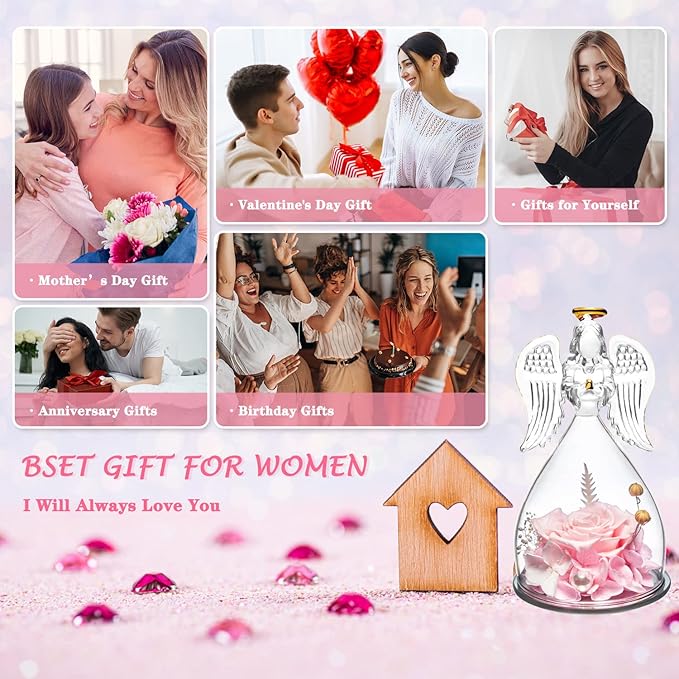 ANWEAO Christmas Flowers Gifts for Women,Mom, Preserved Real Rose with Angel Necklace,Romantic Gift for Her,Mom Birthday Gifts,Eternal Flowers Angel Gifts for Women Grandma Wife Girlfriend