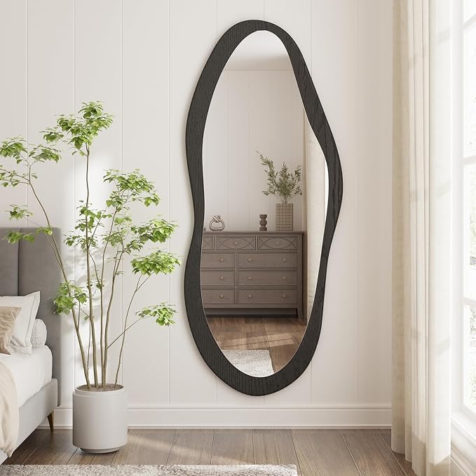 AAZZKANG Irregular Wall Mirror Full Length with Wood Framed Large 47"x20" Black Asymmetrical Full Body Mirrors for Bedroom Living Room Entryway