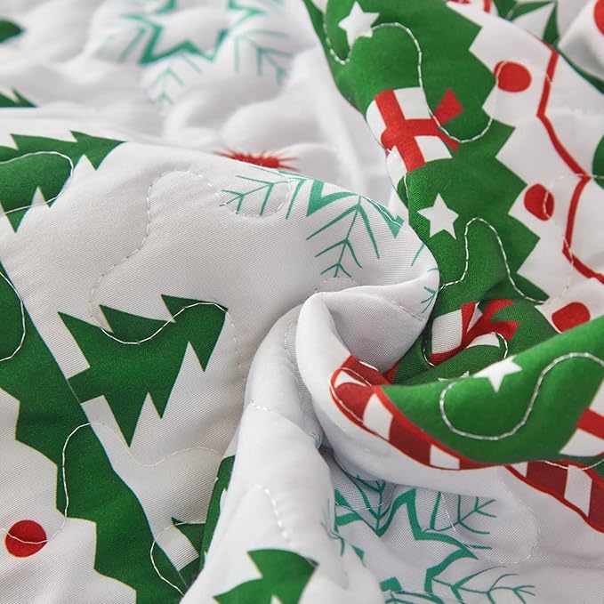 Dinjoy Christmas Quilt Set King Size, Green White Snowflake Christmas Tree Holiday Quilt Bedding Set Xmas New Year Bedspread Soft Microfiber 3 Pieces Coverlet for Kid Adult 104"x90" New Year Gift