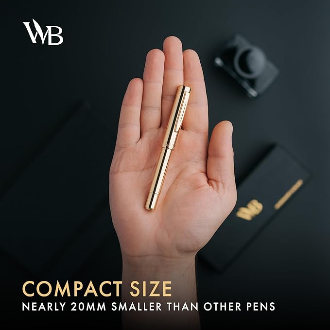 Wordsworth and Black Fountain Pen Mini EDC: Luxury Gold Heavy Pocket Pen, Gold Finish, Medium Nib, 6 Ink Cartridges, Ink Converter, Travel Refillable Writing Pen Gift Set, Men & Women