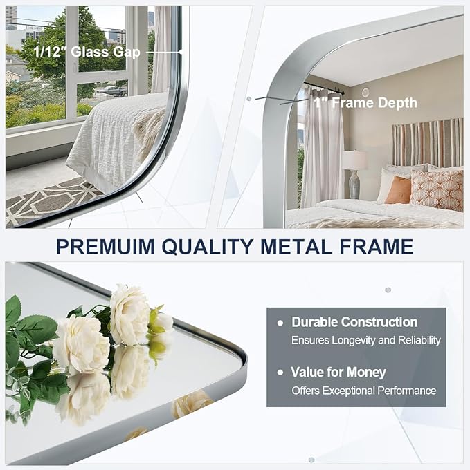 ANDY STAR 32x48 Chrome Bathroom Mirror, Oblong Silver Mirror with Stainless Steel Metal Frame, Oval Vanity Mirror for Over Sink, Modern Anti Rust Wall Mounted