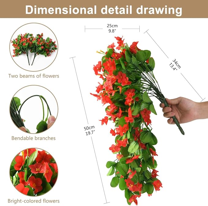 2PCS Artificial Hanging Flowers, Fake Hanging Plants Violet Vines UV Resistant for Wall Home Room Garden Wedding Indoor Outdoor Spring Summer Decoration(Red)