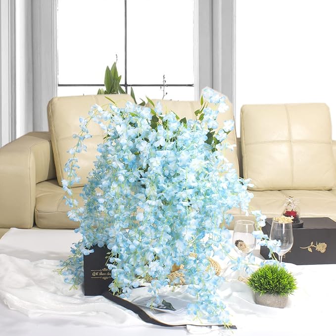 12 Pack Artificial Flowers Silk Wisteria Vine Ratta Hanging Flower (Sky Blue)