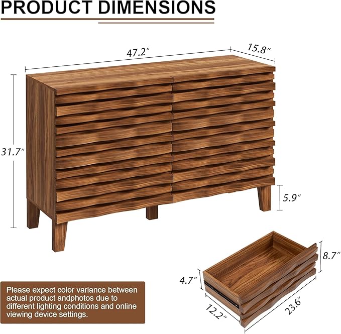 UEV Solid Wood Face 6 Drawer Dresser,Mid Century Modern Dresser with Chest,Flutted Chest of Drawers with Moire Patten for Bedroom, Living Room (Natural Wood)