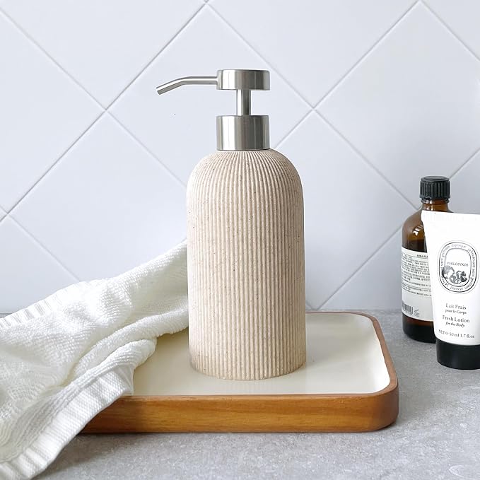 Lunestella Sand Beige Hand Soap Dispenser with Stainless Steel Pump, for Bathroom and Kitchen, Luxury Farmhouse, Boho & Zen Style, Sandstone Finish, Rust Proof, 7oz