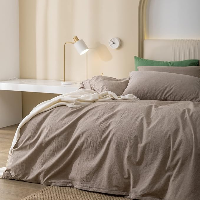 JIYUAN 100% Washed Cotton Duvet Cover Set Comfy Simple Style Soft Breathable Textured Durable Linen Feel Bedding for All Seasons Queen, Taupey