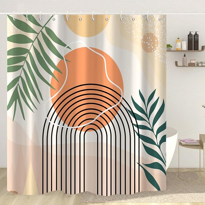 Mid Century Extra Long Shower Curtain, Abstract Boho Minimalistic Arch Sun Leaf Machine Washable Waterproof Fabric for Bathroom Bathtub Decor with Hooks 72Wx78H