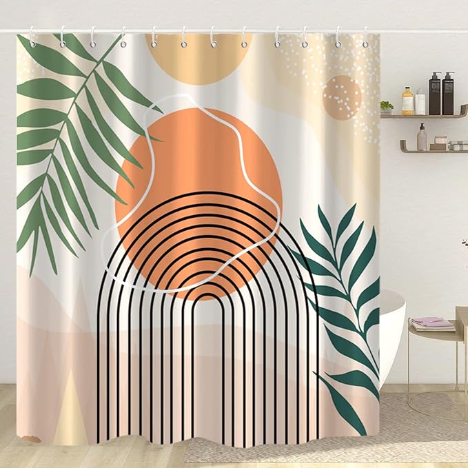 Mid Century Extra Long Shower Curtain, Abstract Boho Minimalistic Arch Sun Leaf Machine Washable Waterproof Fabric for Bathroom Bathtub Decor with Hooks 72Wx84H