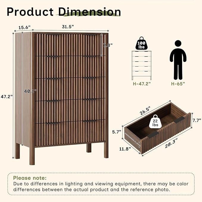 47" Tall Dressers for Bedroom Fluted 5 Drawer Dresser, Wooden Dresser Modern Chest of Drawers Dressers with Organizer Storage for Bedroom, Living Room, Entryway, Walnut