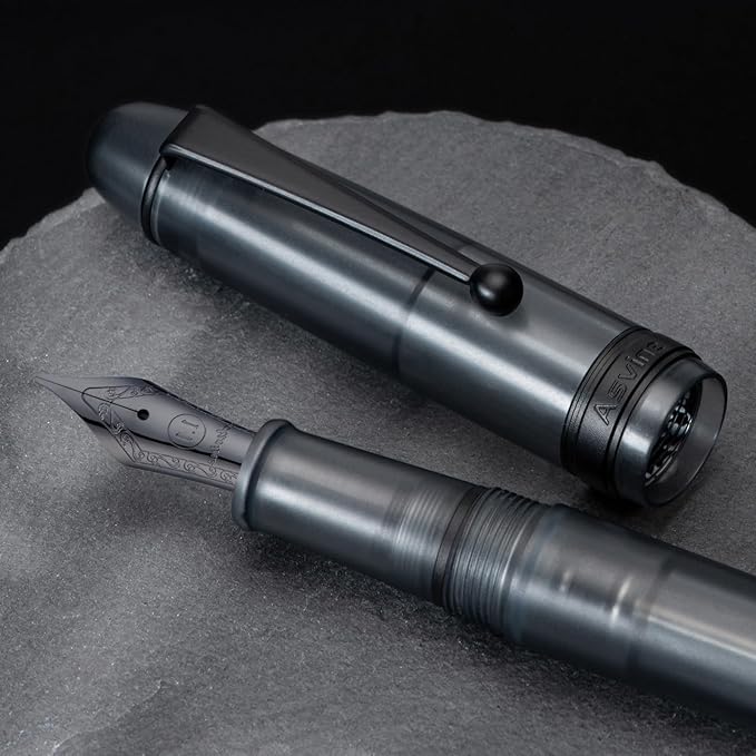 Asvine V126 Vacuum Filling Fountain Pen, Matte Black Acrylic Stub Nib 1.1mm Calligraphy Art Drawing with Case Set