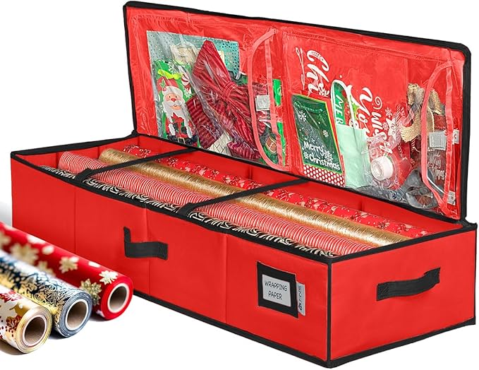 HOLDN’ STORAGE Premium Wrapping Paper Storage Container - Durable 600D Tear-Proof, Fits 27 Rolls Gift Wrap, Extra Pockets for Ribbons & Bows, Underbed Storage - Ideal for Holiday Christmas, Red