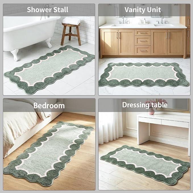 Cute Scalloped Green Bathroom Rugs Mat,Non Slip Absorbent Quick Dry Runner Rug for Shower Room Bedroom,Microfiber Long Bath Mats for Bath Floor Washable Carpet for Shower Tub Sink,24"x59"