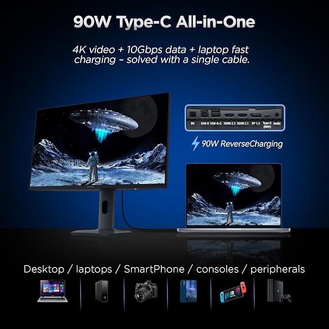 KOORUI 27" 4K QD-Mini LED Gaming Monitor - Dual-Mode (UHD 160Hz or FHD 320Hz), 1ms, 99% Adobe RGB, HDR1400, 90W USB-C, HDMI 2.1/DP1.4, VESA, Tilt Height Swivel Vertical Adjustment, Black, S2741LM