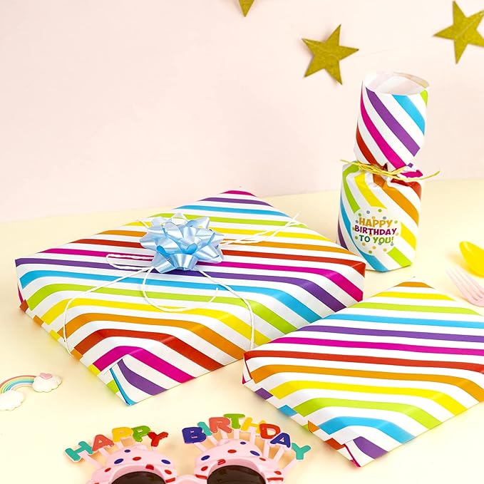 WRAPAHOLIC 30 Inch Birthday Wrapping Paper Roll - Jumbo Colorful Stripe Design for Birthday, Holiday, Party, Baby Shower - 30 Inch x 33 Feet