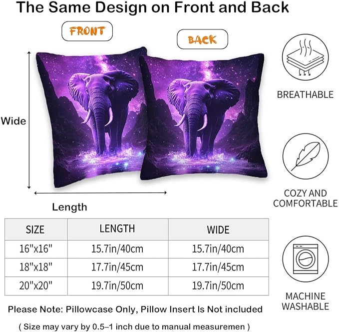 Elephant Throw Pillow Covers 18x18 Set of 2 | Wild Animal Decorative Cushion Covers | Purple Print Pillow Cases for Sofa and Bed Room | Jungle Themed Home Decor