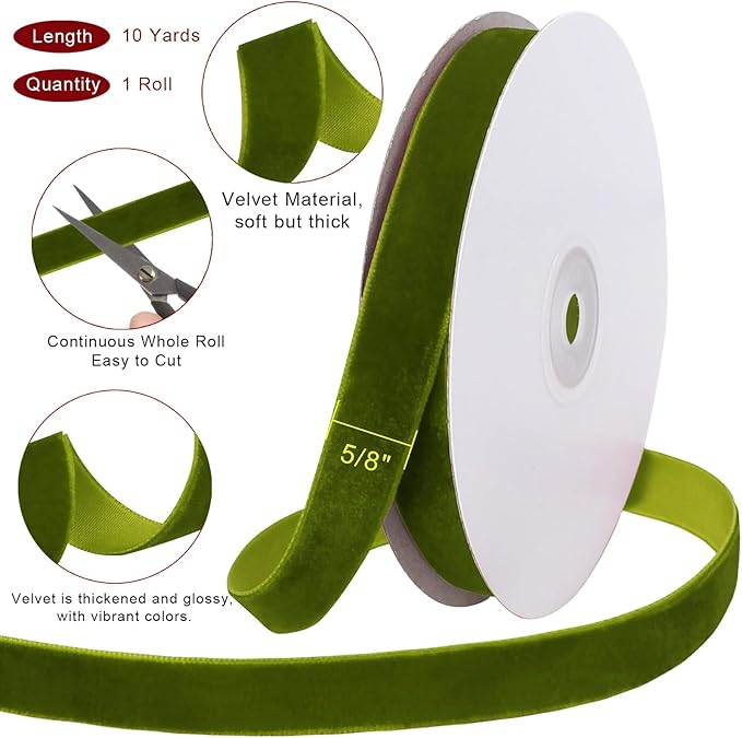 10 Yards Olive Green Velvet Ribbon 5/8 Inch for Christmas Tree,Green Velvet Christmas Ribbon for Gift Wrapping Crafts Bow Wreath Holiday Decorations (Olive Green)