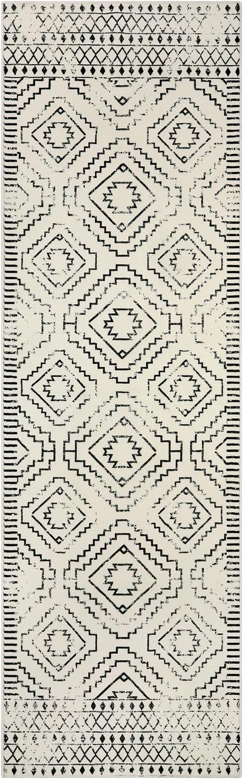 Wonnitar Moroccan Runner Rug, Washable 2'6"x8' Kitchen Runner Rug, Geometric White Hallway Bathroom Rug Runner, Non-Slip Long Boho Tribal Accent Floor Carpet for Bedroom Laundry (Beige,2'6"x8')