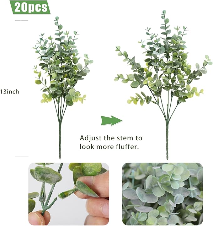RECUTMS 20 Bundles Faux Eucalyptus Stems Artificial Plants Outdoor Faux Greenery for Outdoor Planters Boxwood Bushes for Farmhouse Bathroom Office Vase Centerpiece Indoor Outdoor Decor(Dusty Blue)