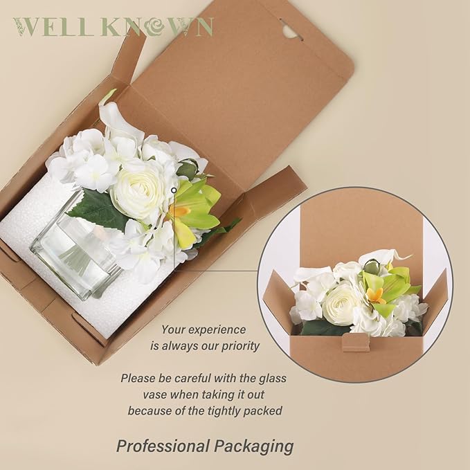 WELL KNOWN Fake Flowers in Vase, Mixed Artificial Flower with Fake Water in Glass Vase Realistic Hydrangea Calla Lily Ranunculus Silk Faux Floral Centerpiece for Coffee Dining Table Office Decor White