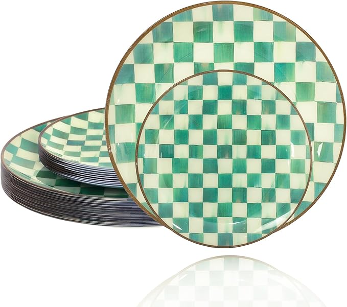 U-QE 20PCS Green Plastic Plates for Party - Retro Checkered Plates Disposable Heavy Duty - White and Green Disposable Plate for Party, Birthdays - 10 10.25 Inch Dinner and 10 7.5 Inch Dessert Plate
