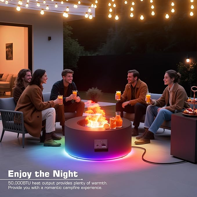 2-Piece 30" LED Round Propane Fire Pit for Outside Patio with Hidden Tank Table, 50,000 BTU Fireplaces with Lid, Glass Rocks, Cover(Dark Grey w/RGB Light)