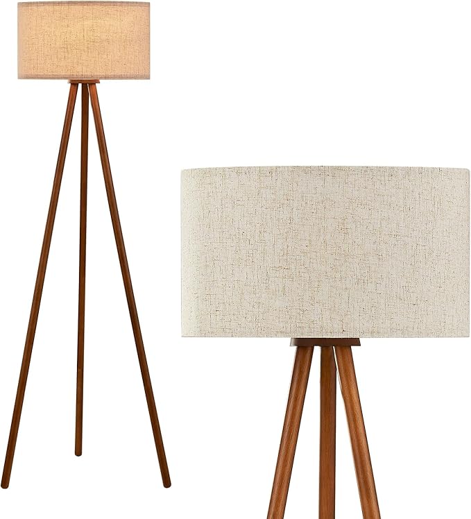 Wood Tripod Floor Lamp for Bedroom, Farmhouse Wooden Floor lamp with 3 Color Temparature LED Bulb for Living Room, Office, Footswitch,ETL Listed/Brown Wood Color