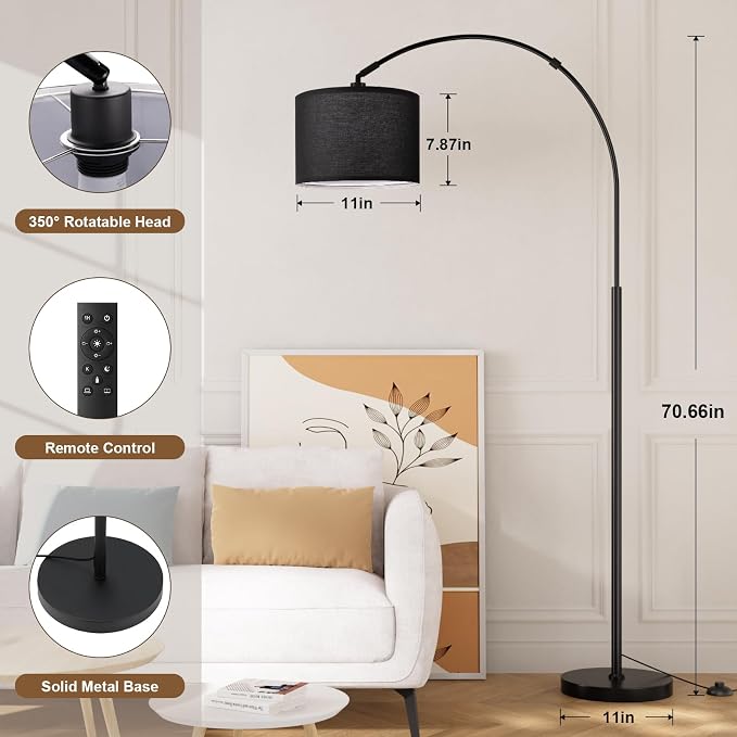 Ambimall Dimmable Arc Floor Lamp with Remote, Color Temperatures and Brightness Adjustable, Arched Floor Lamp with Rotating Head, Over Couch Arched Reading Light for Living Room (Black and Black)