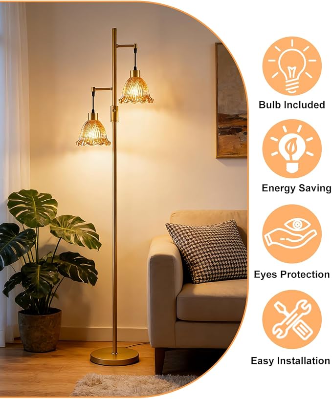 Lightdot 2- Light Gold Flower Floor Lamp for Living Room, 65IN Dimmable Floor Lamps with Amber Glass Shade& Warm White Bulbs, Modern Standing Tall Lamp with 5Lbs Heavy Base for Bedroom Home Office
