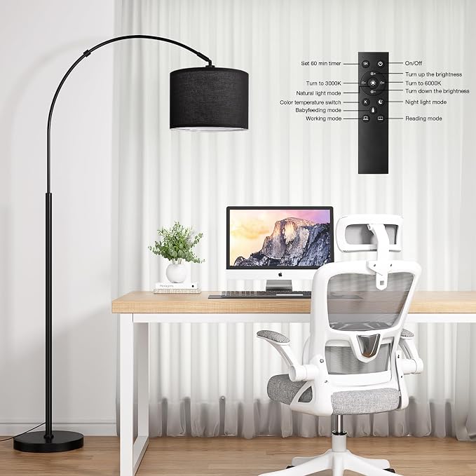 Ambimall Dimmable Arc Floor Lamp with Remote, Color Temperatures and Brightness Adjustable, Arched Floor Lamp with Rotating Head, Over Couch Arched Reading Light for Living Room (Black and Black)