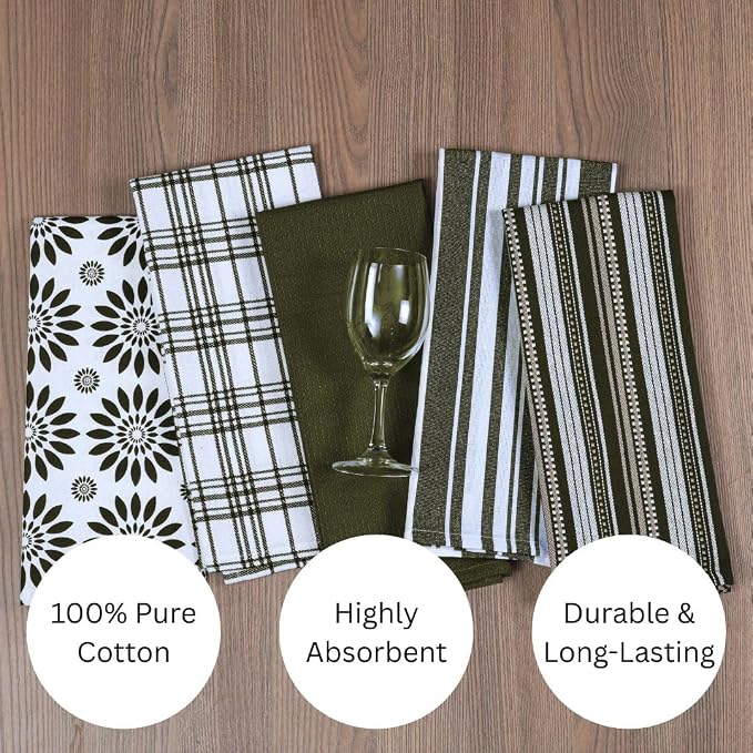 Assorted Kitchen Towels Set of 5-100% Cotton Dish Cloths Towels with Hanging Loop - Soft, Absorbent & Washable for Kitchen Use - Quick Drying Dish Towels 16x26 Inch Green