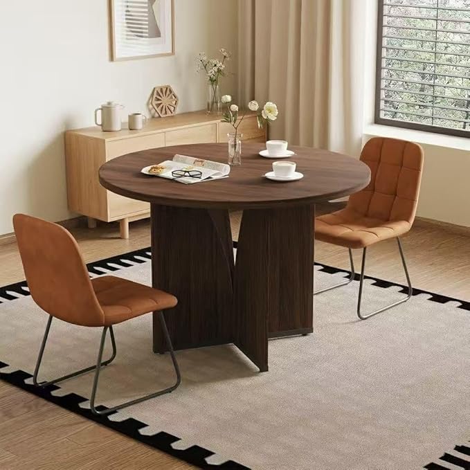 HIPIHOM Modern Round Dining Table Set for 2, 39.4" Walnut Kitchen Table with 2 PU Leather Chairs, 3-Piece Mid-Century Dining Room Set for Small Spaces, Pedestal Base & Ergonomic Padded Chairs