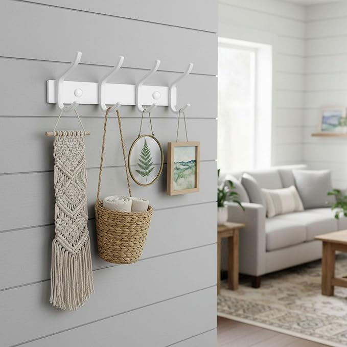 HAMUTH White Wall Hooks Heavy Duty, 12 Inch Coat Hooks Wall Mount with 4 Hooks, Wall Hooks Hangers for Entryway, Bathroom - for Hanging Backpack, Bag, Coat, Purse, Hat, Towel, Clothes
