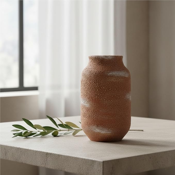 Ceramic Flower Vase,9.5 Inch Tall Rustic Farmhouse Vases for Home Decor Vintage Decorative Vases Pottery Terracotta Vases for House Living Room Decor for Kitchen Mantel Fireplace Bathroom Shelf Office