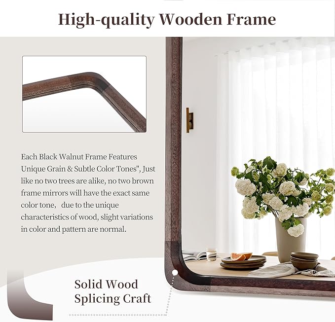 Tanmicoshomy Wood Bathroom Mirror 26 x 40 Inch, Solid Wood Framed Rectangle Mirrors with Tempered Glass for Living Room Bedroom Office or Entryway(Dark Brown)