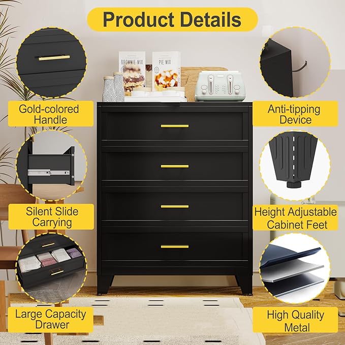 43.11" Tall Metal Dresser for Bedroom, 4 Drawer Black Dresser Chest with Gold Handles, Closet Dressers Chests with Fluted Panel, Vertical Storage Cabinet for Living Room, Entryway, Hallway