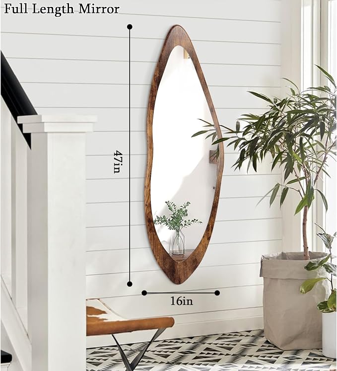 AAZZKANG Large Mirror with Wood Framed 47"x16" Retro Irregular Wall Mirrors Full Length Asymmetrical for Bedroom Living Room Entryway Dressing Room