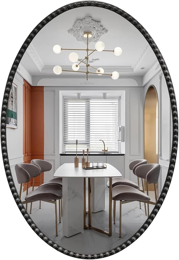 Black Oval Bathroom Mirror, 24x36 Inch Floral Oval Mirrors for Wall, Black Metal Floral Frame Mirrors for Bedroom Living Room Hallway, Hangs Horizontally or Vertically