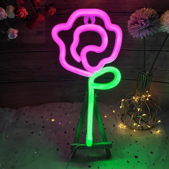 ENUOLI Pink Rose LED Neon Sign, USB/Battery Powered, 11x5.5 inch, Home Decor, Party Lamp, Valentine's Day Present