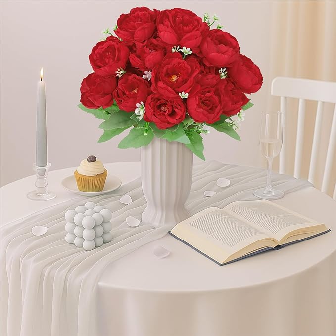 8 Pack Red Peonies Artificial Flowers, Fake Silk Hydrangea Bouquet for Bridal Wedding Home Table Decor Reusable Dining Opening Ceremony Birthday Arrangement Faux Floral