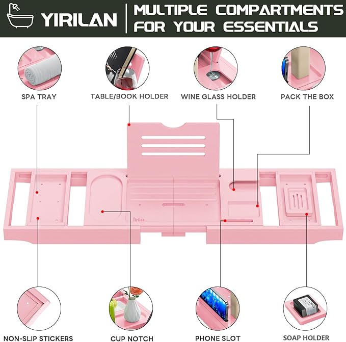 Premium Bathtub Tray Caddy, Expandable Bath Tray, Unique House Warming Gifts, New Home, Anniversary and Wedding Gifts for Couple, Pink