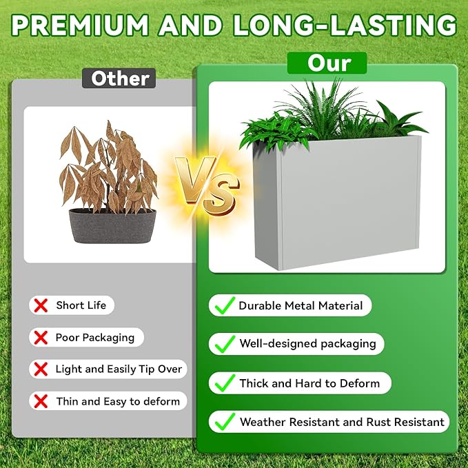 Metal Planter, 36L x 12W x 26H, Heavy Duty Tall Planters for Outdoor Plants, Planters with Removable Insert Shelf, Large Planters with Drainage Holes for Porch, Patio and Yard, Grey