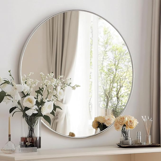 Oruii Silver Round Mirror, Round Mirror 24 inch Brushed Nickel, Circle Wall Mirrors Metal Frame, Silver Circular Mirrors for Bathroom, Wall, Living Room, Entryway, Hallway, Vanity, Rustic