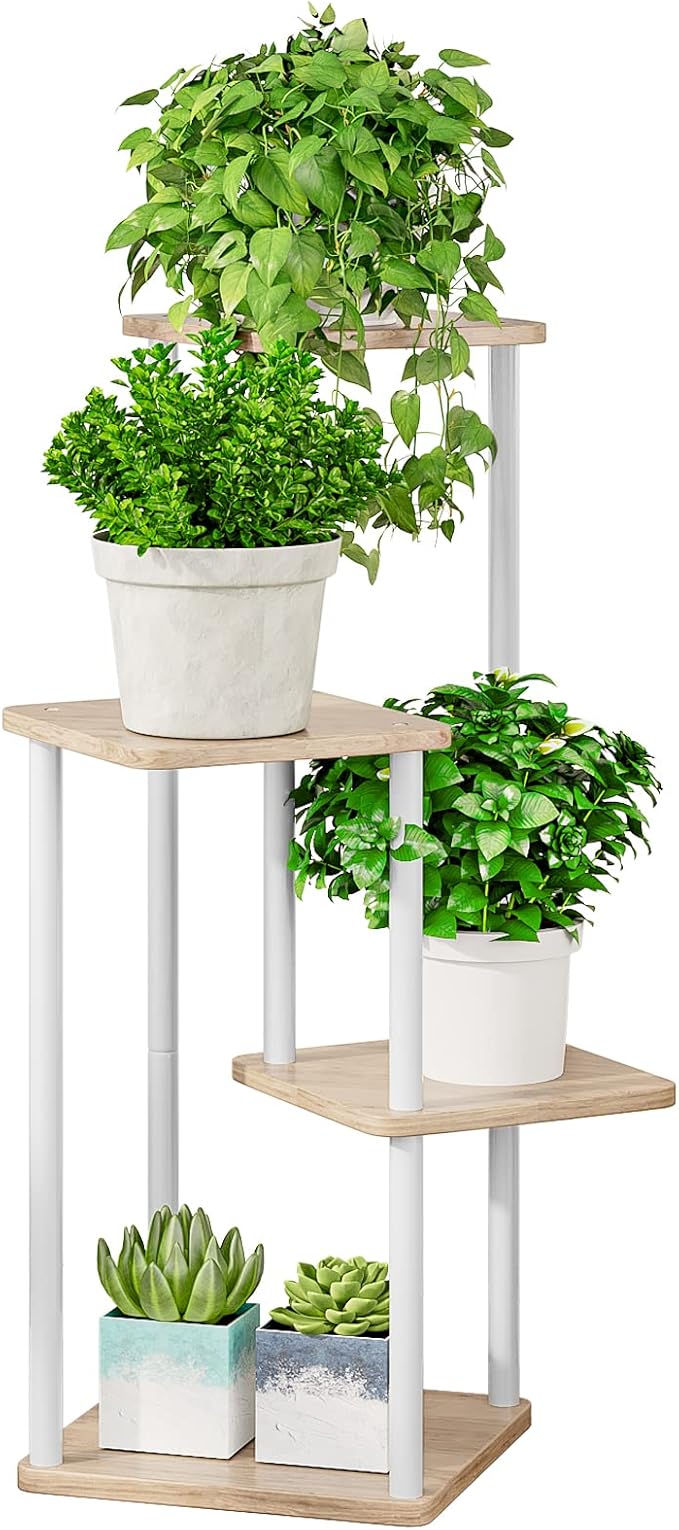 AZERPIAN Plant Stand 4 Tier Indoor Metal Flower Shelf for Multiple Plants Corner Tall Flower Holders for Patio Garden Living Room Balcony Bedroom, Black (4 Tier-White)