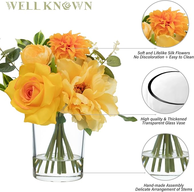 WELL KNOWN Artificial Flowers in Glass Vase with Fake Water, Silk Peony Rose Flower Bouquet for Home Dinning Tea Table, Office Desktop, Hotel, Wedding, Party, Lavatory Decor & Gift (Yellow & Orange)